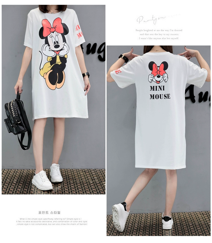 Mùa hè mới phiên bản Hàn Quốc của phụ nữ dài cỡ lớn hoạt hình dài Mickey in áo sơ mi tay ngắn học sinh - Cộng với kích thước quần áo