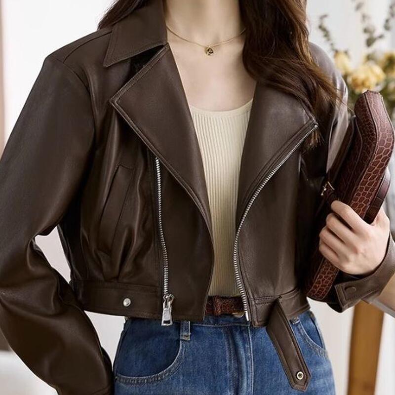 European-Style Leather Jacket for Women, 2026 Spring New Style, Elegant Lapel, Short Pu Leather, Slimming, Versatile Jacket for Petite Figures