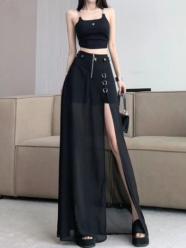Black Fashionable Sexy Hot Girl See-Through Long Dress Women's Metal Shorts Spliced Mesh High-Waisted Slimming Slit Skirt