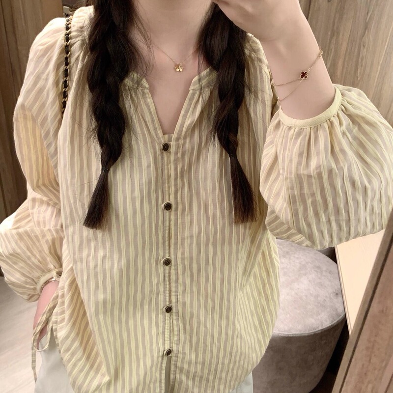Plus-Size Yellow Striped V-Neck Long-Sleeve Shirt for Women, 2026 Autumn New Design, Unique and Slimming Top