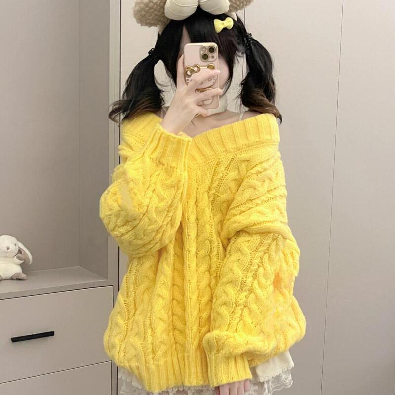 Plus-Size Yellow V-Neck Cable Knit Sweater for Women, Thickened for Autumn and Winter 2026, Loose Mid-Length Soft Top