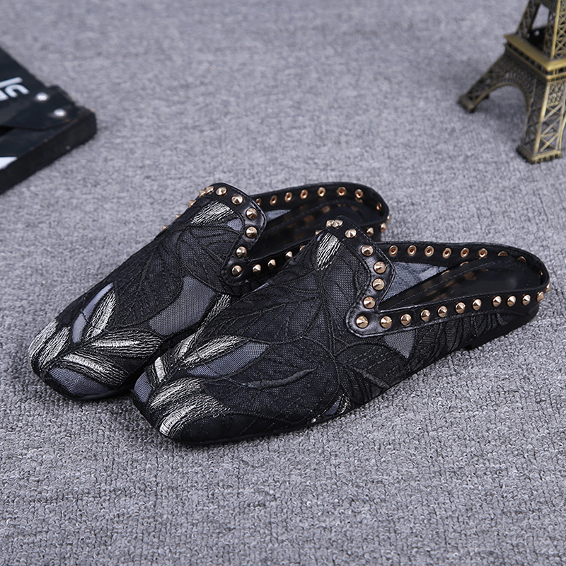 2022 summer new women's shoes flat toe half sandal slippers square head one pedal Muller shoes lazy mesh slippers