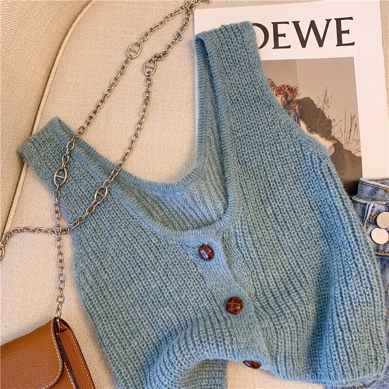 Summer Hollow-Out 2026 Milk Blue Preppy Style Outerwear Vest Floral Yarn Knit Cardigan Sleeveless Top