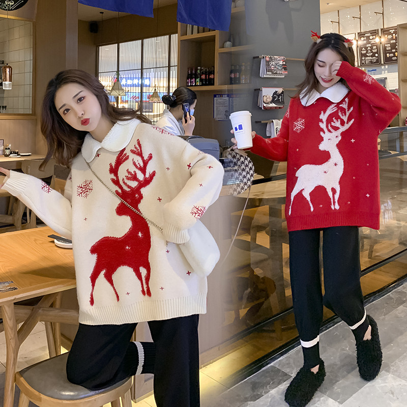 Pregnant women sweaters 2022 autumn and winter Korean version Neyhitch Christmas small deer thickened foreign pie minus undershirt pregnant women blouses