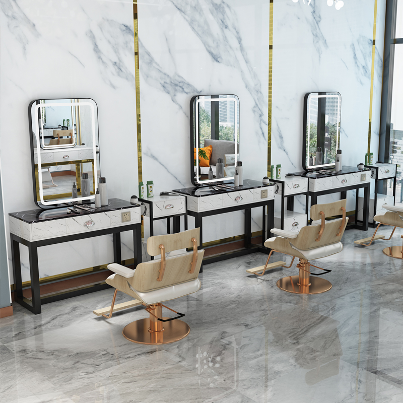 Hair salon net red mirror with lamp Hair salon Marble double-sided mirror Hair salon Single-sided hot hair cutting cabinet one