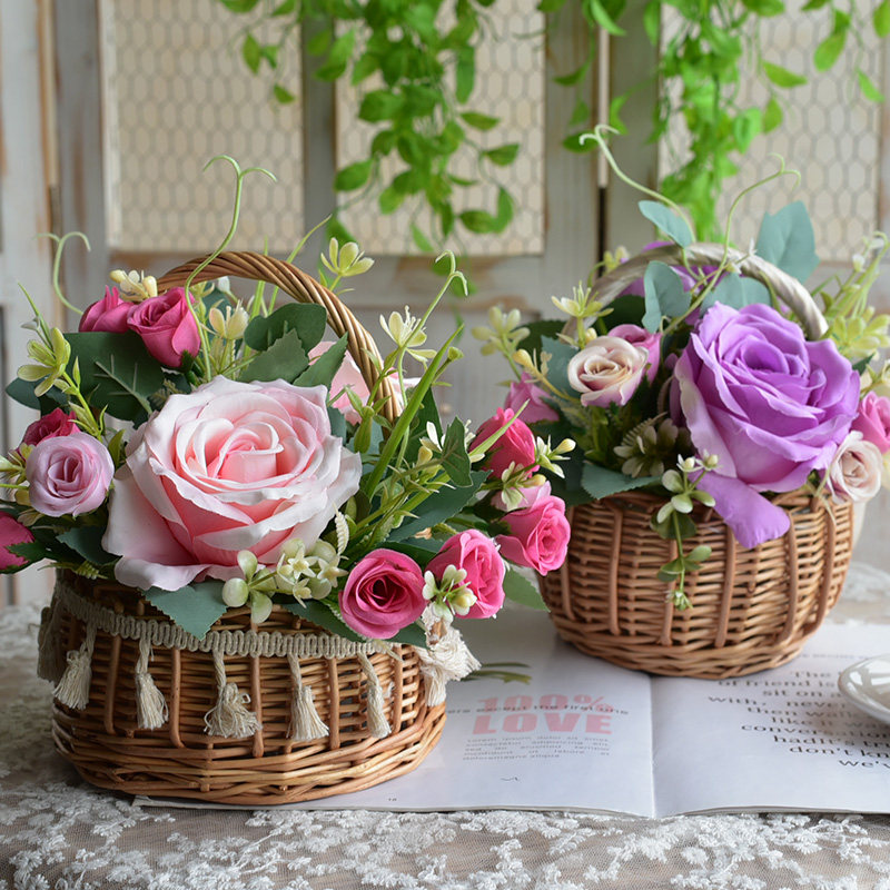 Small flower basket princess tassel rattan wicker weaving hand-held flower girl basket flower arrangement living room wedding with flowers