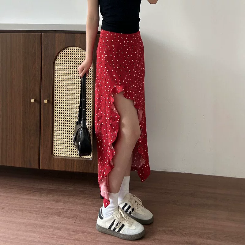 Red long skirt, flowered, plus size, mid-length, A-line