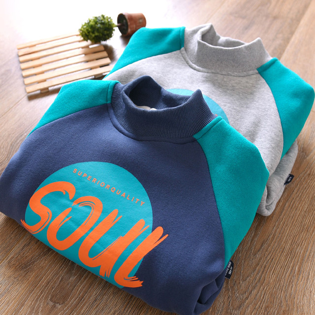 Boys fleece sweater winter half turtleneck 2022 new color-block printing middle-aged children's thickened children's clothing bottoming shirt