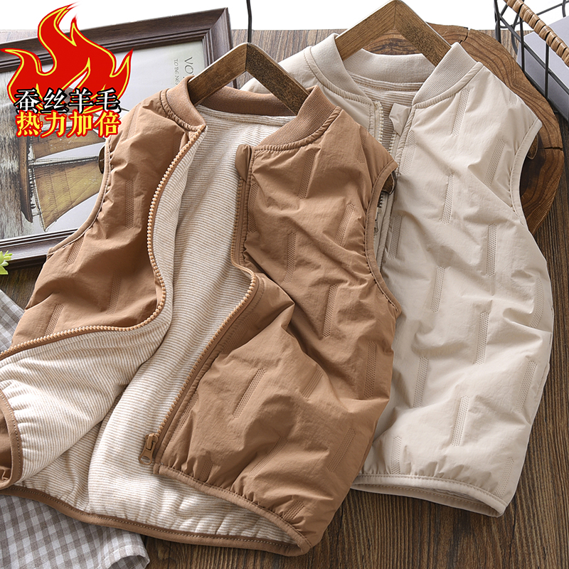 男の子のベスト秋と冬のベスト2025中と大の子供暖かいウールシルク厚手の男の子子供服アウターウェアトレンド