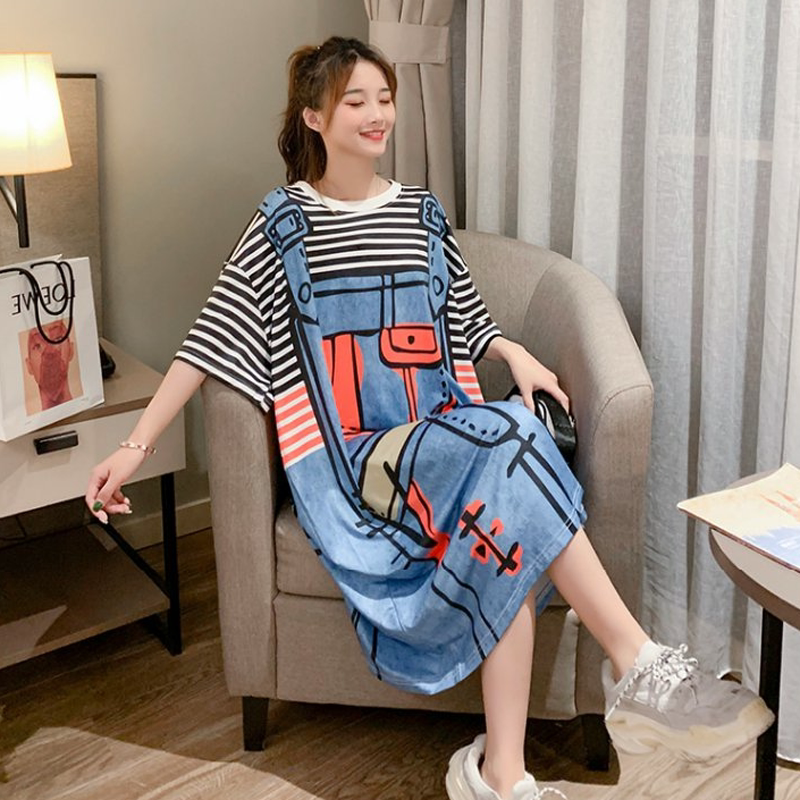 Summer Korean Style Ins Trendy Cartoon Striped Over-The-Knee Dress 100kg Plus-Size Loose Oversized Women's T-Shirt Dress