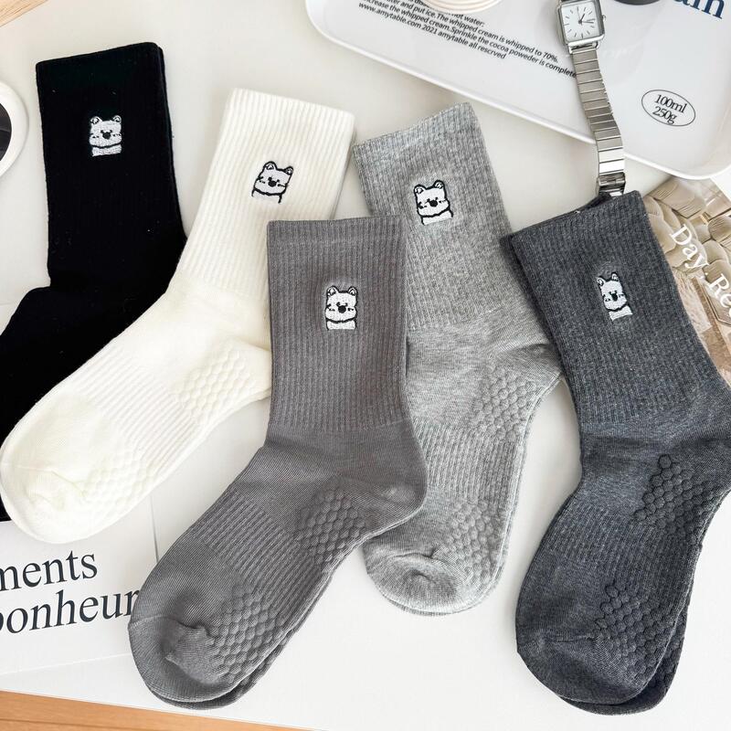 Cute Embroidered West Highland White Terrier Socks for Women, Mid-Calf Socks, Autumn and Winter Trendy Gray Massage-Soled Sports Long Socks