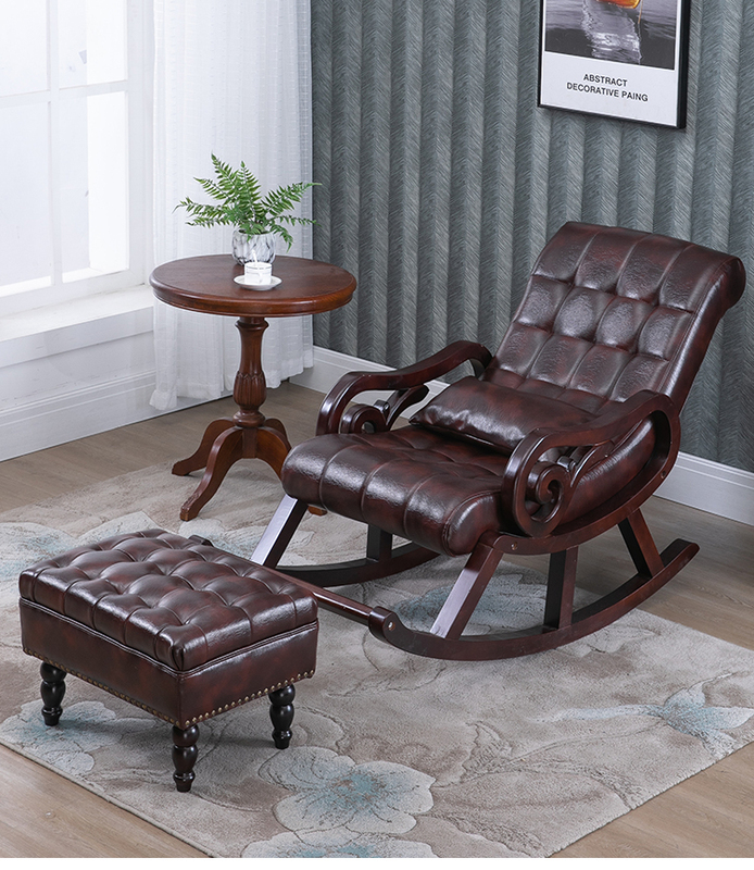Nordic Balcony Leather Rocking Chair Recliner for Adults, Lazy Leisure Rocking Chair, Elderly Chair, Solid Wood Nap Sofa Chair
