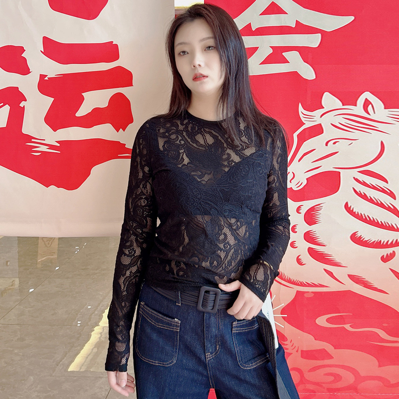 Lace Blouse, Long-Sleeved Women's Black Bottoming Shirt, Slim Fit, Outer Wear, Inner Wear, Sexy Style Gauze Shirt, European Lace Top