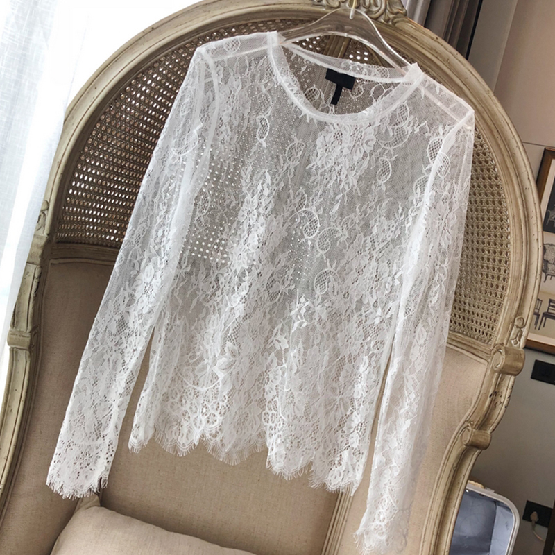 Lace Base Shirt for Women, White New Style, Large Size, Low-Neck, Stylish, Hollow-Out, Sexy, Thin Mesh, Elegant Top