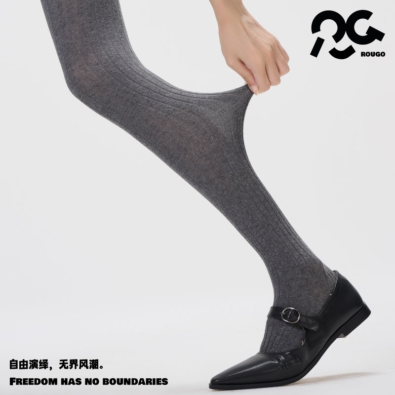 Rougo Gray Miu-Style Ribbed Cotton Straight-Leg Pantyhose Vertical Striped Stockings Women's Spring and Autumn Leggings Socks