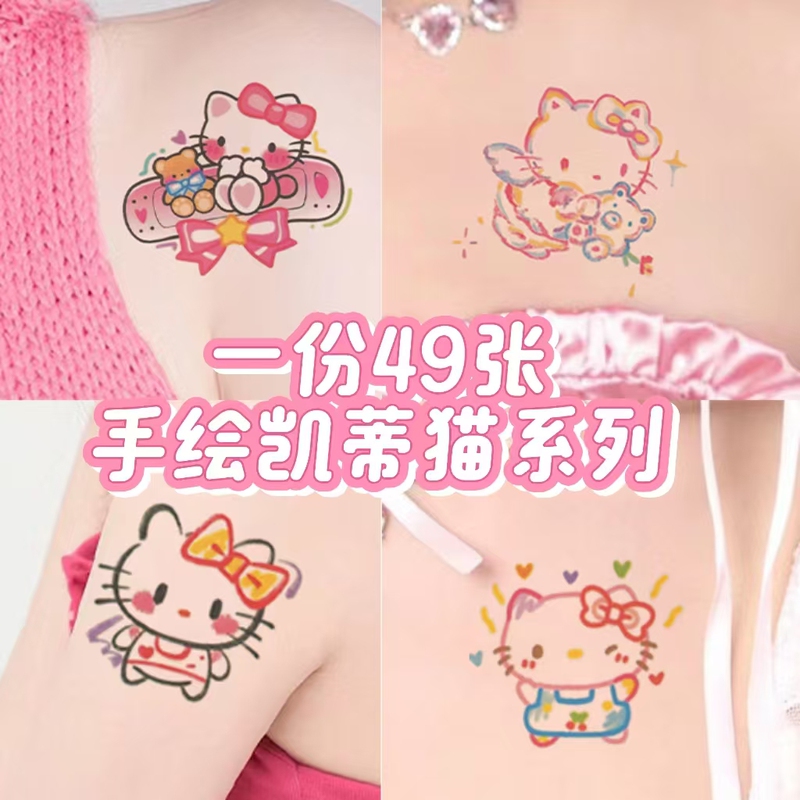 Hand-Painted Hello Kitty Series Waterproof Tattoo Stickers for Women and Men, Long-Lasting Personalized Ins-Style Colorful Realistic Flower Arm Stickers