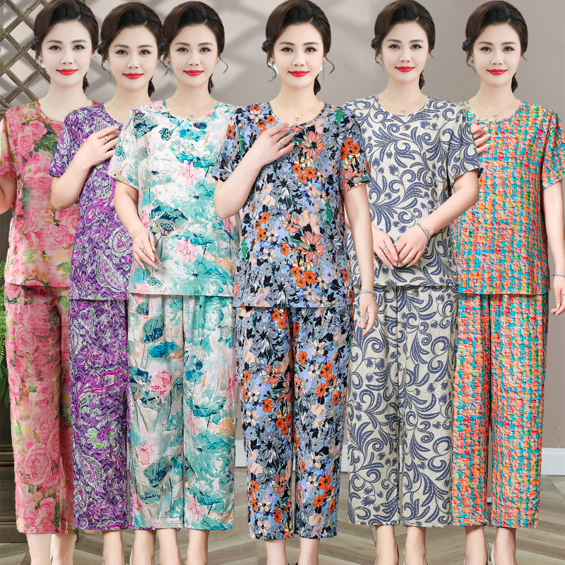 New Middle-Aged Mother's Summer Short-Sleeved Top Pure Cotton Suit Middle-Aged and Elderly Women's Loose Casual Large Size Two-Piece Set New Middle-Aged Mother's Summer Short-Sleeved Top Pure Cotton Suit Middle-Aged and Elderly Women's Loose Casual Large Size Two-Piece Set