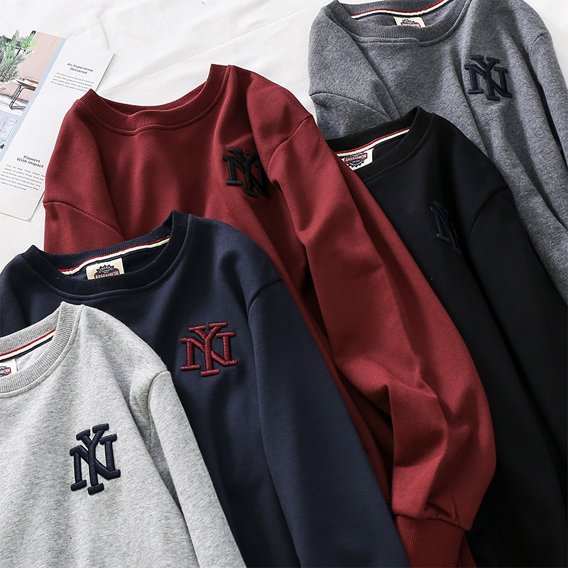 Autumn show main push autumn Japanese retro letter embroidery round neck pullover thick cotton T