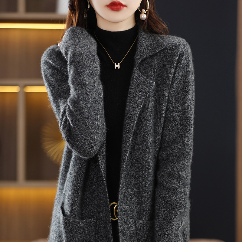 Pure Wool Cardigan Women's Suit Collar Mid-Length Knitted Sweater with Pockets Autumn and Winter New Fashion Cashmere Coat Jacket