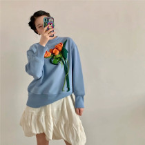 Three-dimensional flower blue sweater women Spring and Autumn thin design sense niche 2021 New loose top ins tide