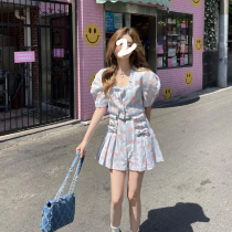 Wen elf with the same dress suit bubble sleeve bow shirt high waist pleated skirt suit two-piece womens summer