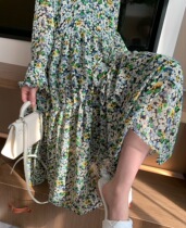 Ouyang Nana with French long-sleeved green floral dress 2021 new spring bohemian holiday dress