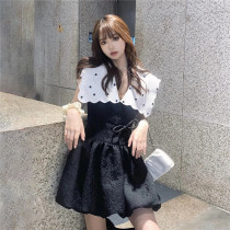 Small bellflower contrast stitching French retro navy wind waist puffy black Hepburn style dress female