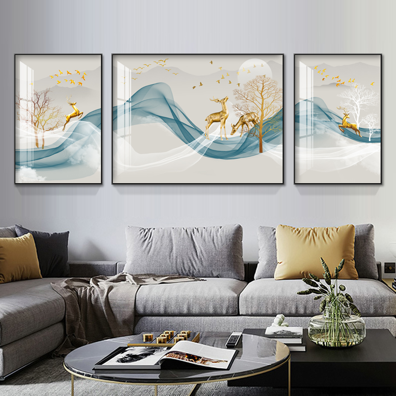 Modern simple light luxury atmosphere living room decoration painting triptych crystal porcelain painting sofa background wall Nordic style wall decoration