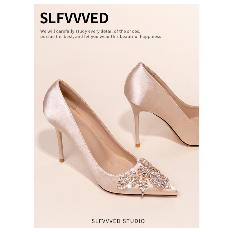 Slfvvved Wedding Shoes High Heels Women's Pointed Toe Rhinestone French Style Elegant High-End Bride Comfortable Shoes New Model Slfvvved Wedding Shoes High Heels Women's Pointed Toe Rhinestone French Style Elegant High-End Bride Comfortable Shoes New Model