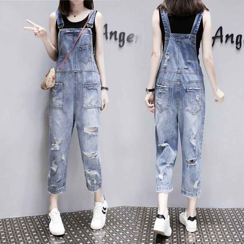 Women's Denim Overalls Two-Piece Set European Style 2026 New Summer Loose Ripped Trendy Age-Reducing Cropped Pants Women's Denim Overalls Two-Piece Set European Style 2026 New Summer Loose Ripped Trendy Age-Reducing Cropped Pants