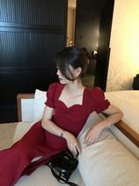 Vis Gold summer temperament fairy dress French retro dress female summer waist thin bubble sleeve split skirt