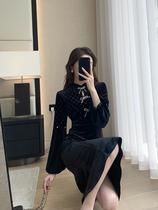 Vis gold black French retro velvet dress womens autumn waist slim lantern sleeve design sense long skirt