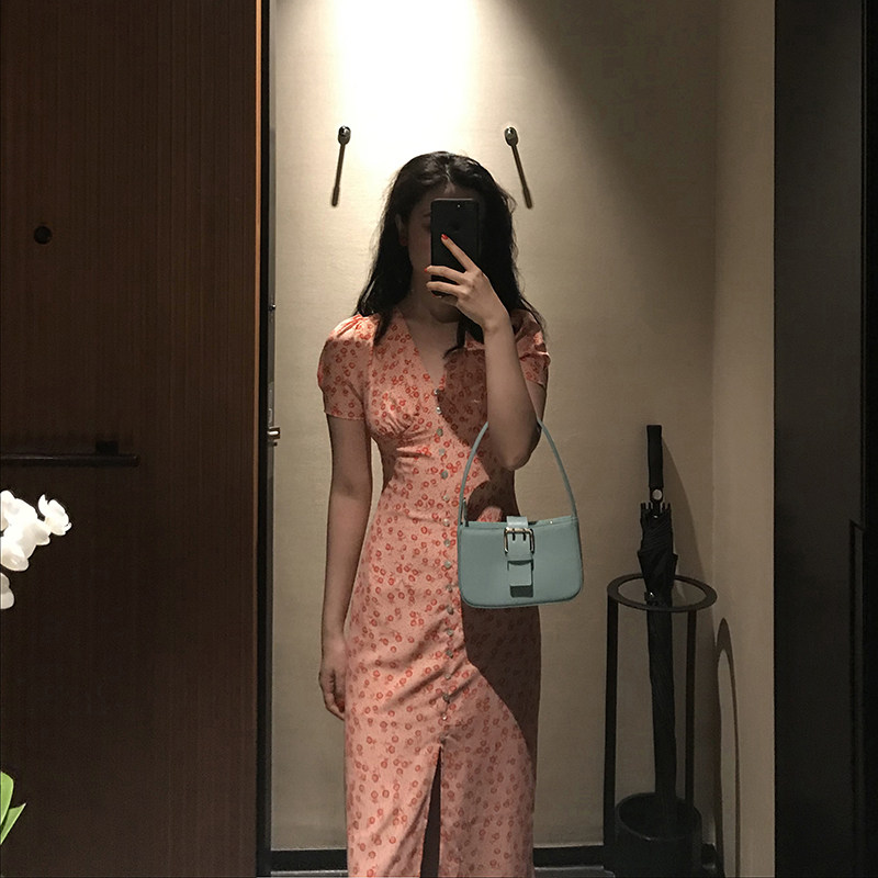 VISS Gold Pink French Dress Women's Summer Slim Temperament Waist V-Neck Bubble Sleeve Retro Chiffon Skirt