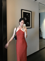 Vis Gold holiday skirt sexy suspenders dress female summer waist thin sexy small backless long skirt