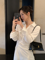 Vis gold white shirt dress female autumn design sense niche pure desire wind waist slim long sleeve A- line dress