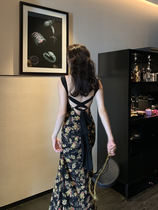 Vis gold French vintage black floral sling dress female summer waist slim sexy backless long skirt