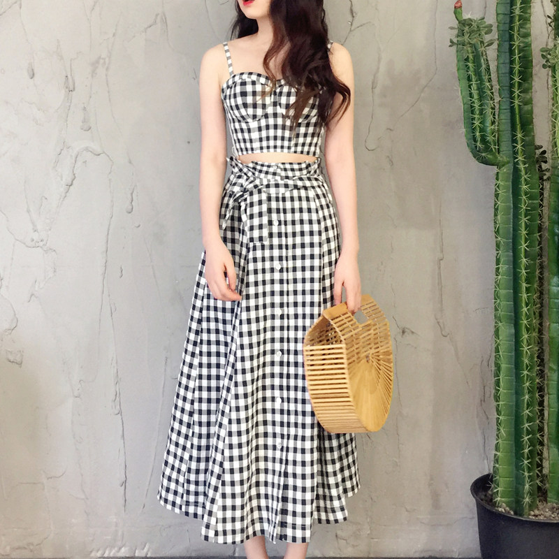 (Clearance limited time)New temperament suspender high waist skirt women's plaid fashion two-piece suit dress