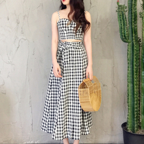 (Clearance limited time limit) New temperament suspenders high waist skirt womens plaid fashion two-piece dress