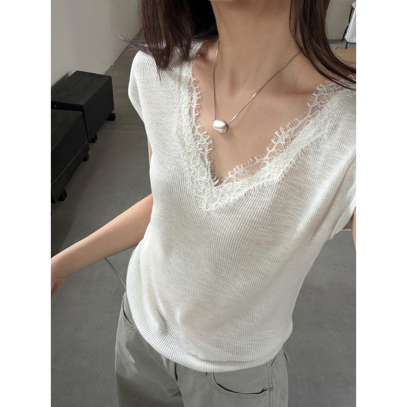 Lento Lace Short-Sleeve Knit Top for Women 2026 New V-Neck Unique Beautiful Slimming Thin Flutter Sleeve T-Shirt