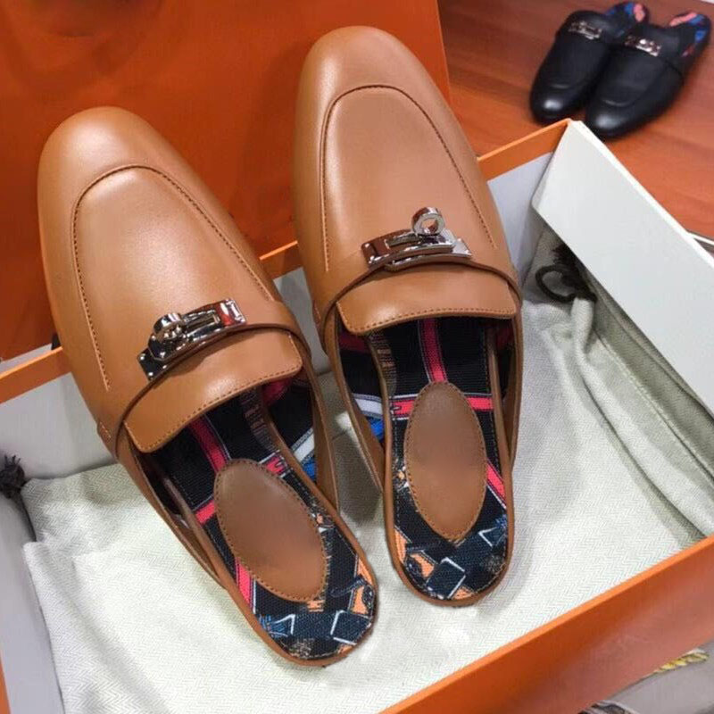 New Addition 102021 Spring and summer new pattern mules  female Baotou Half drag Sandals kelly buckle genuine leather Flat bottom fashion Lazy shoes female
