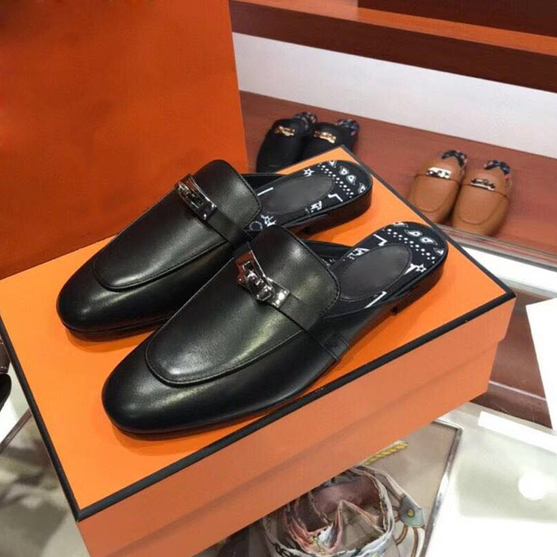 New Color 142021 Spring and summer new pattern mules  female Baotou Half drag Sandals kelly buckle genuine leather Flat bottom fashion Lazy shoes female