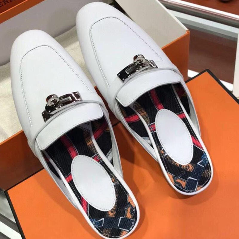 New Addition 92021 Spring and summer new pattern mules  female Baotou Half drag Sandals kelly buckle genuine leather Flat bottom fashion Lazy shoes female