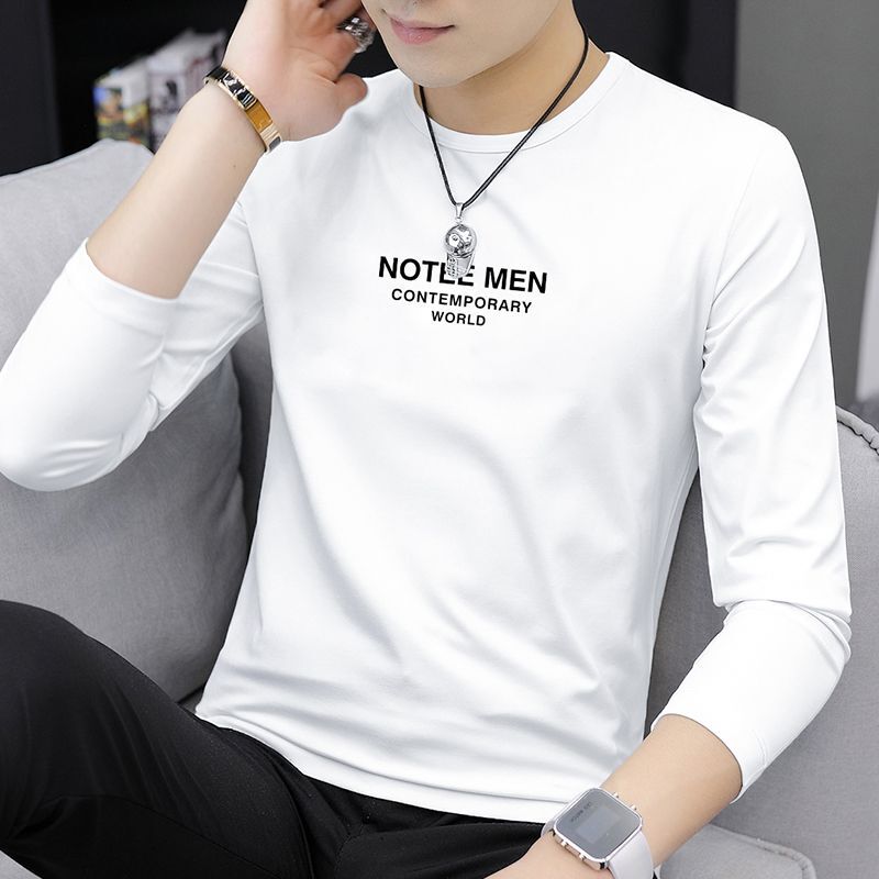 Men's Long-Sleeve T-Shirt, White, Spring and Autumn Style, Trendy Inner Layer, Round Neck, Autumn Top, Autumn Clothing