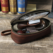 Retro handmade first-layer cowhide genuine leather pipe bag portable storage pipe special box tool bag vintage mens