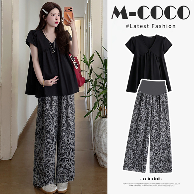 Maternity Wear Summer Tops 2026 New Hepburn Style Black Plus-Size Babydoll Shirt Casual Wide-Leg Pants Summer Suit for Women