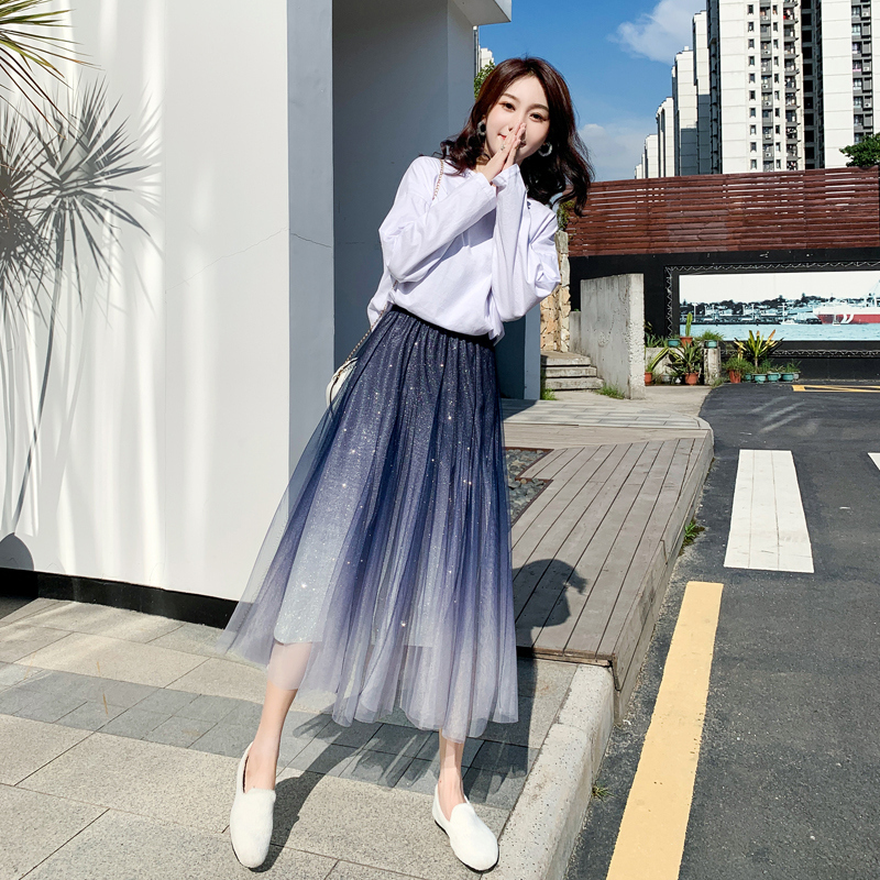 Mesh Skirt for Women, New Summer Style, Dreamy Starry Sky Gradient Color Gauze Skirt, High Waist, Large Hem, Fairy Skirt, Mid-Length Mesh Skirt for Women, New Summer Style, Dreamy Starry Sky Gradient Color Gauze Skirt, High Waist, Large Hem, Fairy Skirt, Mid-Length
