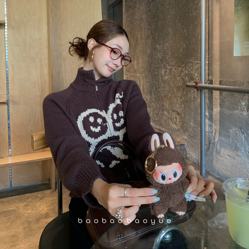 【Baobaobaoyue】Stickman Series Retro Half-Turtleneck Sweater Jacket for Women, Spring and Autumn Knitted Top 【Baobaobaoyue】Stickman Series Retro Half-Turtleneck Sweater Jacket for Women, Spring and Autumn Knitted Top