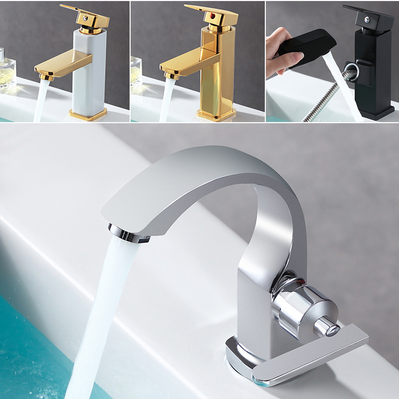 Basin Single Cold Water Faucet Wash Basin Single Hole Hot and Cold Water Faucet Black Gold Square Rotating Pull Faucet