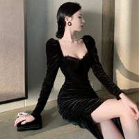 Черное зимнее платье, приталенный сексуальный корсет, длинная юбка, коллекция 2022, французский стиль, средней длины