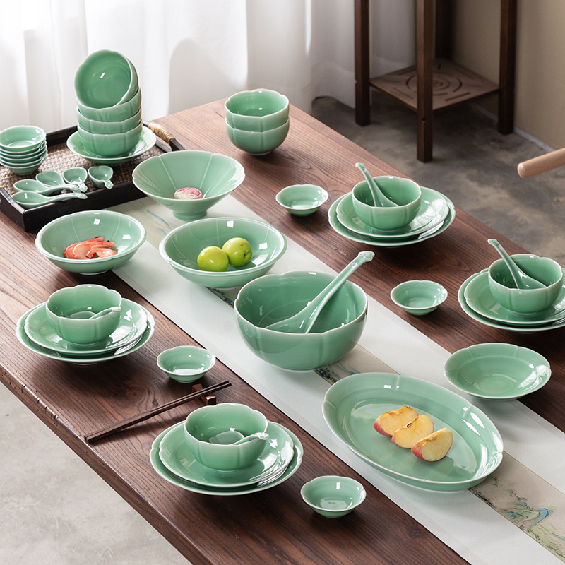Longquan Celadon 2026 New Song Dynasty Style Tableware Set Bowls Plates Dishes Household Ceramic Rice Bowls Gift High-End Porcelain